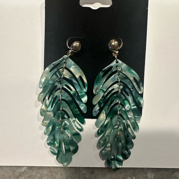 Iridescent Green Leaf/ Palm long earrings - Picture 2 of 5